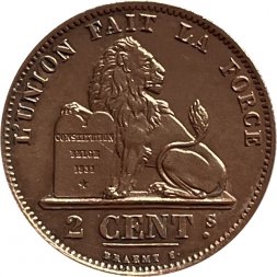 Бельгия 2 сантима 1875 год DES BELGES