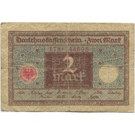 Веймарская Республика 2 марки 1920 год - синяя печать - F-