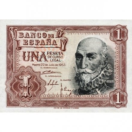 Испания 1 песета 1953 год - Альваро де Базан - след от степлера - UNC