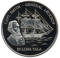 Монета Токелау 5 тала 2003 год - Капитан Смит и «Генерал Джексон»