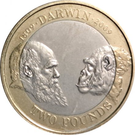 Великобритания 2 фунта 2009 год - 200 лет со дня рождения Чарльза Дарвина BU
