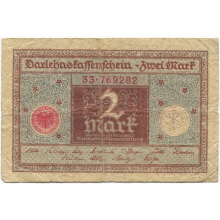 Веймарская Республика 2 марки 1920 год - синяя печать - F