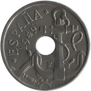 Испания 50 сентимо 1949 год - Стрелы направлены вверх (54 внутри звезды)