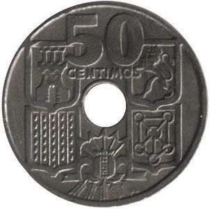 Испания 50 сентимо 1949 год - Стрелы направлены вверх (54 внутри звезды)