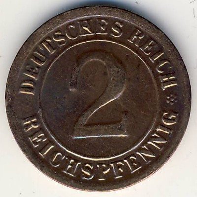 Веймарская республика 2 рейхспфеннига 1925 год (F)