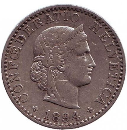 Швейцария 20 раппенов 1894 год