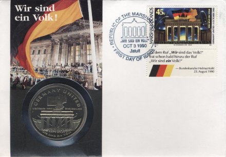 Маршалловы острова 5 долларов 1990 год - Объединение Германии (в конверте с маркой)