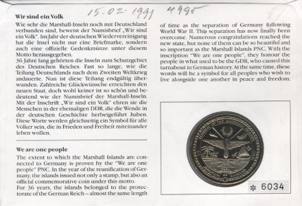 Маршалловы острова 5 долларов 1990 год - Объединение Германии (в конверте с маркой)