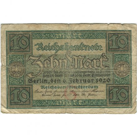 Веймарская республика 10 марок 1920 год - VG
