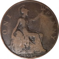 Великобритания 1 пенни 1912 год (Отметка монетного двора: "H")