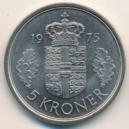 Дания 5 крон 1975 год - Королева Маргрете II