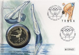 Монета Тонга 1 паанга 1991 год - Летние Олимпийские игры в Барселоне (в конверте с маркой)