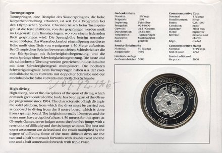 Тонга 1 паанга 1991 год - Летние Олимпийские игры в Барселоне (в конверте с маркой)