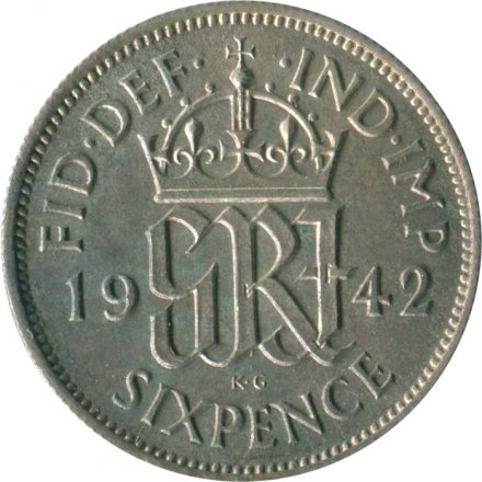 Великобритания 6 пенсов 1942 год - Король Георг VI