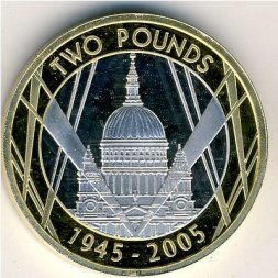 Великобритания 2 фунта 2005 год - 60-лет окончания Второй Мировой войны. Позолота