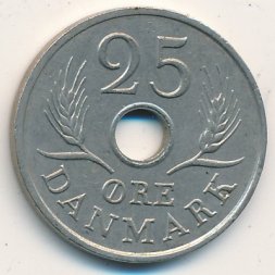 Дания 25 эре 1966 год - Король Фредерик IX (новый тип)