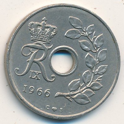 Дания 25 эре 1966 год - Король Фредерик IX (новый тип)