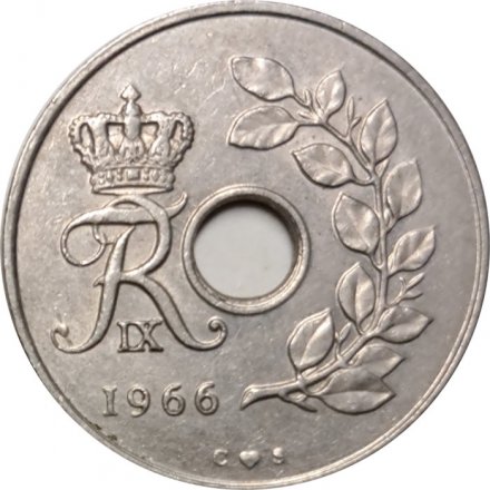 Дания 25 эре 1966 год - Король Фредерик IX (новый тип)