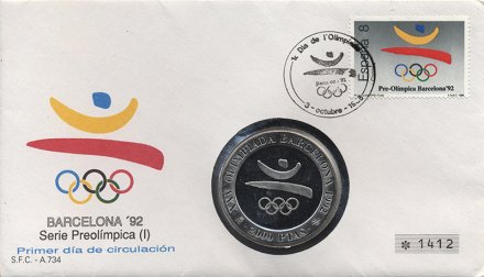 Испания 2000 песет 1990 год - Эмблема Олимпиады (в конверте с маркой)
