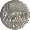 Италия 50 чентезимо 1921 год - Король Виктор Эммануил III (гладкий гурт)