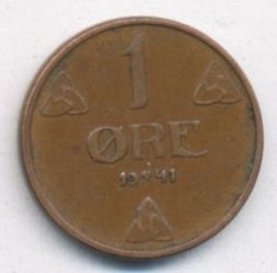 Норвегия 1 эре 1941 год - Король Хокон VII (бронза)