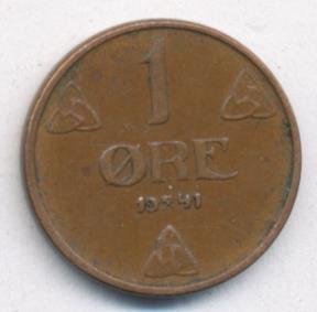 Норвегия 1 эре 1941 год - Король Хокон VII (бронза)
