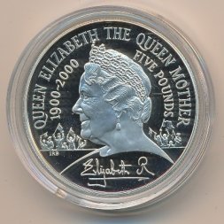 Великобритания 5 фунтов 2000 год - 100 лет со дня рождения Королевы - Матери (серебро)