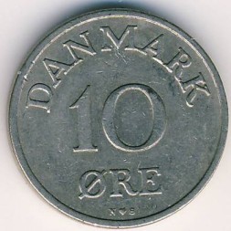 Монета Дания 10 эре 1955 год - Король Фредерик IX