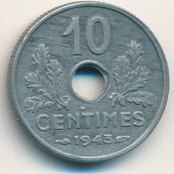 Франция 10 сантимов 1943 год (новый тип)