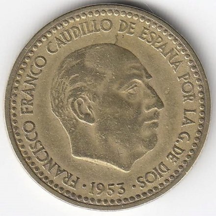 Испания 1 песета 1953 год (62 внутри звезды)