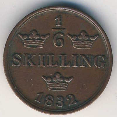 Швеция 1/6 скиллинга 1832 год