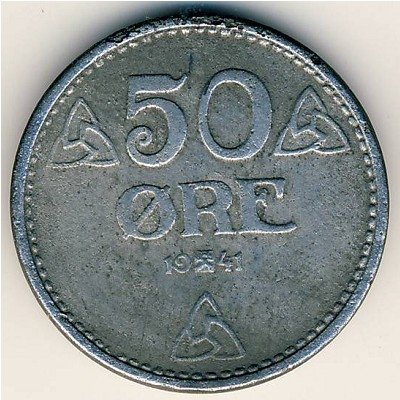 Норвегия 50 эре 1941 год - Король Хокон VII (цинк)