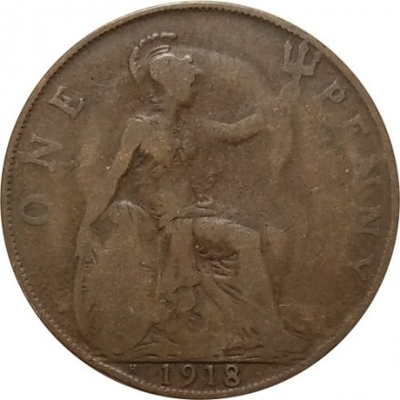Великобритания 1 пенни 1918 год - Король Георг V (Отметка монетного двора: &quot;H&quot;)