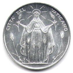 Монета Ватикан 5 лир 1968 год