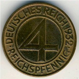 Веймарская республика 4 рейхспфеннига 1932 год