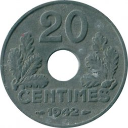 Франция 20 сантимов 1942 год