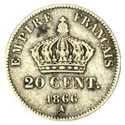 Франция 20 сантимов 1866 год - Отметка МД: "A" - Париж