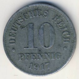 Германия 10 пфеннигов 1917 год (цинк, не магнитная)