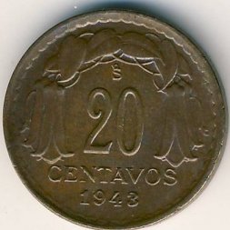 Чили 20 сентаво 1943 год