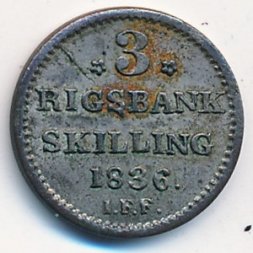 Дания 3 ригсбанкскиллинга 1836 год