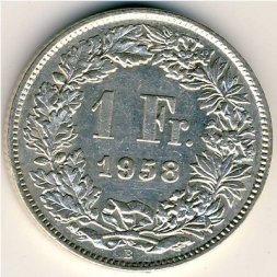 Швейцария 1 франк 1958 год