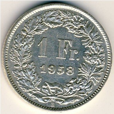 Швейцария 1 франк 1958 год