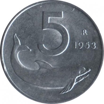 Италия 5 лир 1953 год - Дельфин. Судовой руль