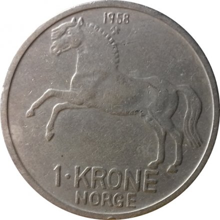 Норвегия 1 крона 1958 год - Король Улаф V (редкая, маленький тираж)