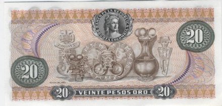 Колумбия 20 песо 1977 год - Франсиско Хосе де Кальдас. Экспозиция из «Музея золота» UNC
