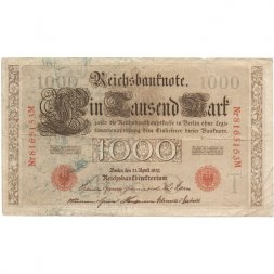 Германия 1000 марок 1910 год (красная печать) - VF-
