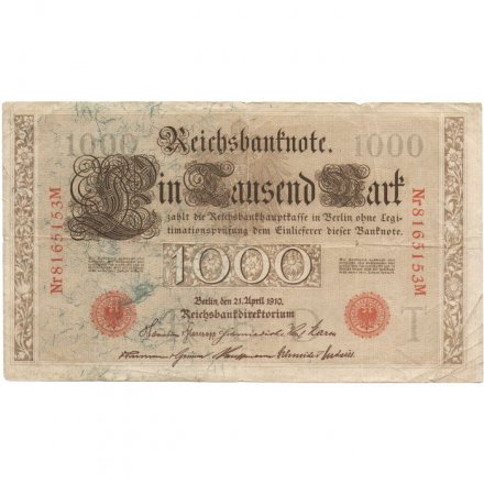 Германия 1000 марок 1910 год (красная печать) - VF-