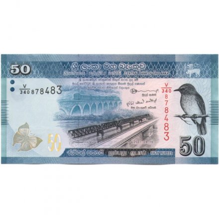 Шри-Ланка 50 рупий 2021 год - Мост в Манампитии. Танцор и барабанщик UNC