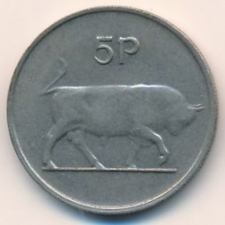 Монета Ирландия 5 пенсов 1978 год - Бык. Кельтская арфа