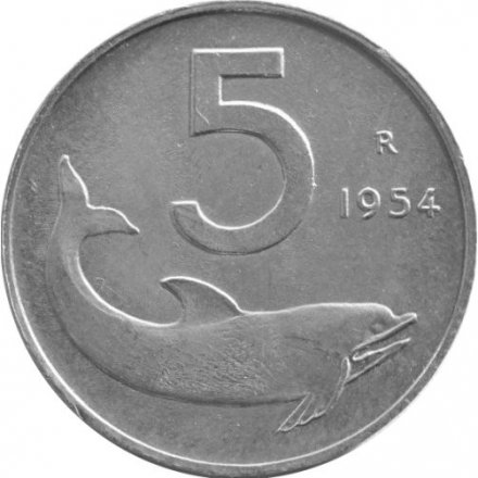 Италия 5 лир 1954 год - Дельфин. Судовой руль UNC